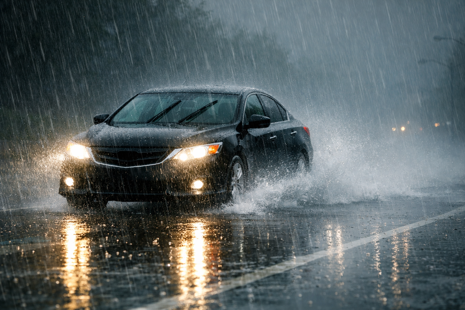 Yagmurlu havada islak yolda ilerleyen arac