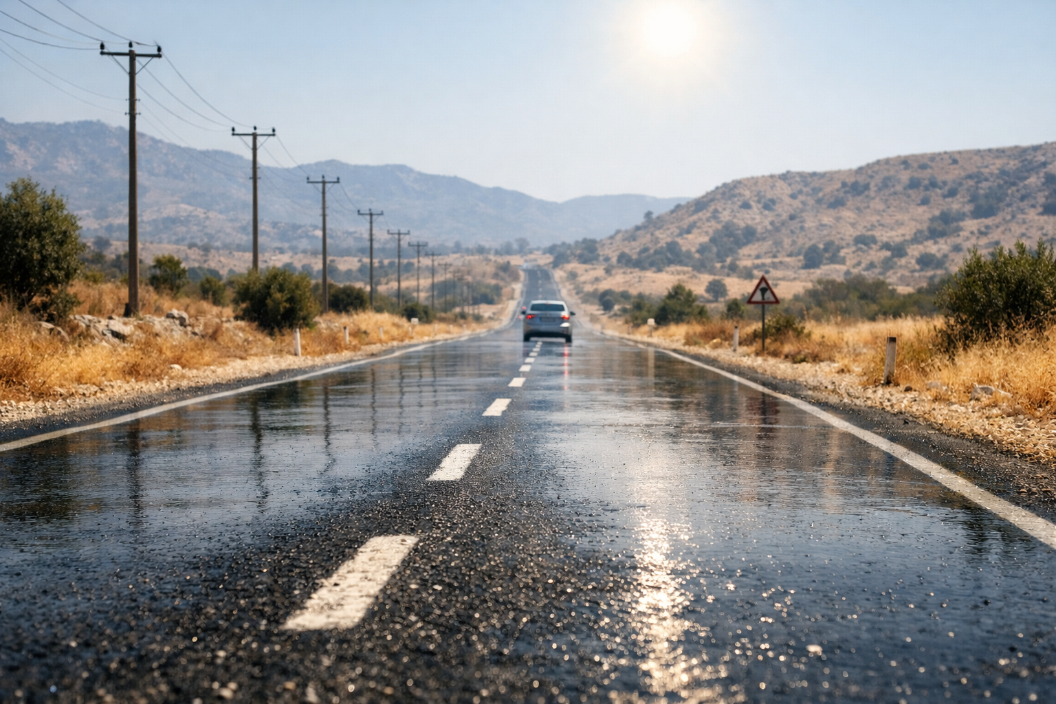 Turkiye'de yaz aylarinda sicak asfalt yol goruntusu